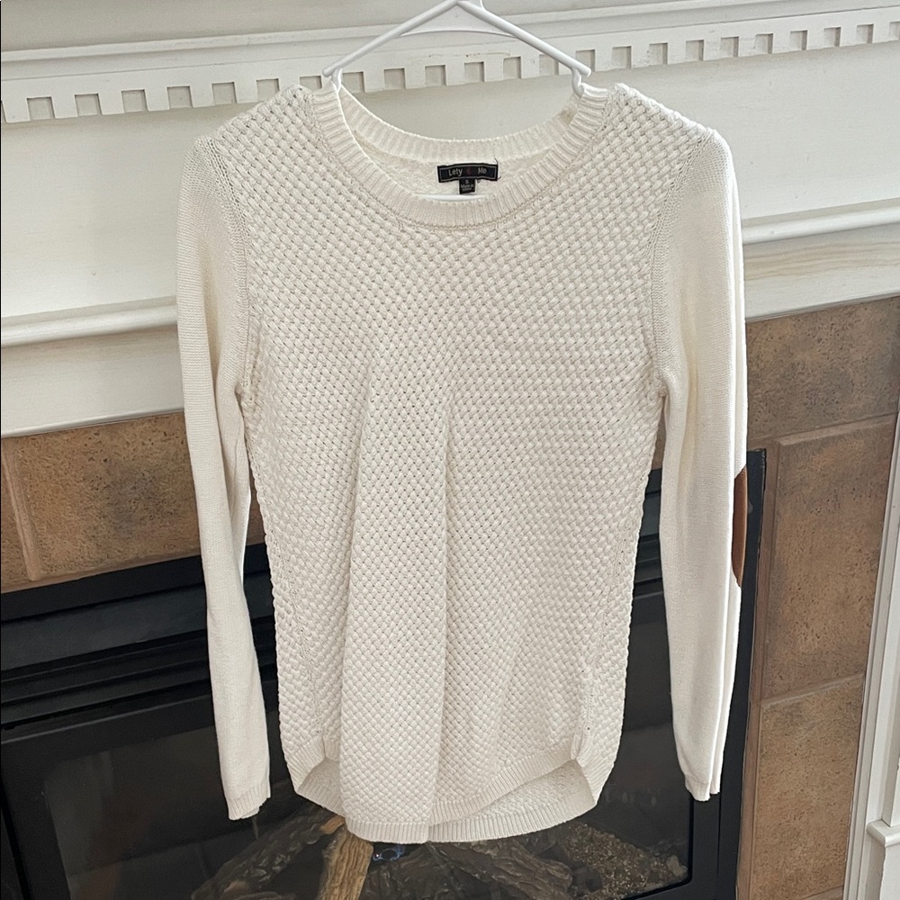 White Textured Knit Sweater with elbow patches